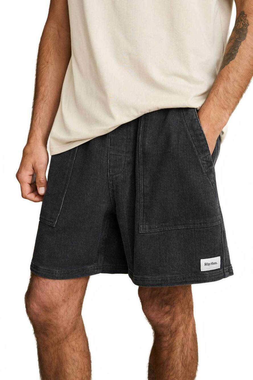 NEW RHYTHM. textured wale jam shorts in dark indigo